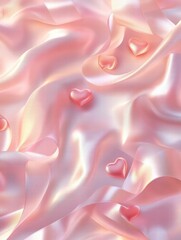 Fototapete - Satin fabric background with small heart decorations in soft pink color for romantic themes and events. Generative AI