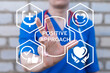 © wladimir1804 - Doctor using virtual touch screen push inscription: POSITIVE APPROACH. Positive approach, thinking and success attitude or target mindset tiny person health care concept.