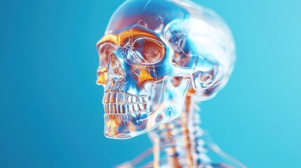 Aufkleber - Transparent human skull model showcasing intricate structure under bright blue lighting. Generative AI