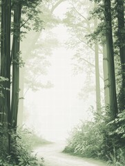 Poster - Winding forest trail leads deeper into tall trees under a soft misty atmosphere inviting exploration and tranquility. Generative AI