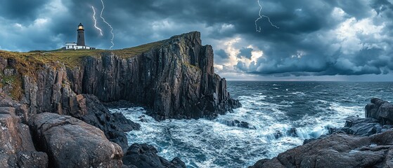 Poster - Lighthouse storm, coastal cliffs, ocean waves. Dramatic nature scene