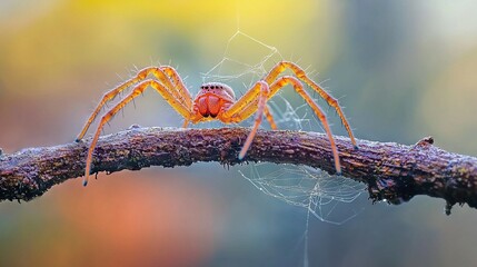 Wall Mural - a close-up of a spider on a branch with a blurry background in the foreground and the background out
