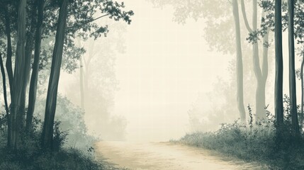 Fototapete - Winding forest trail through tall trees in a serene misty morning. Generative AI
