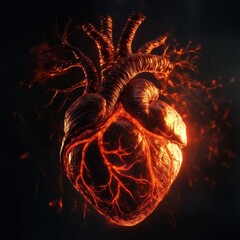 Aufkleber - Fiery heart illustration showcasing intricate veins and glowing energy on a dark background. Generative AI