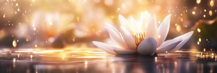 Leinwandbilder - Beautiful water lily floating on serene water with shimmering reflections at sunset. Generative AI