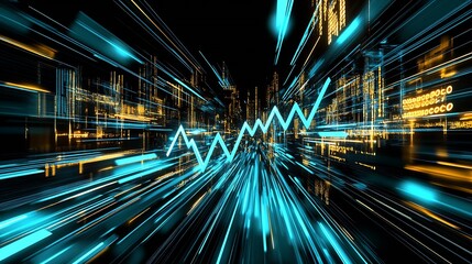 Poster - Dynamic Blue Digital Data Visualization with Cityscape and Futuristic Financial Chart : Generative AI