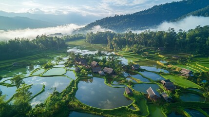 Sticker - Misty sunrise over rice paddies and village