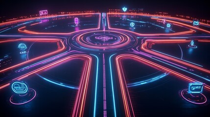 Aufkleber - Neon Circuit-Like Cyber Arena with Virtual Reality Interface for Gaming : Generative AI