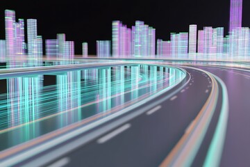Aufkleber - Futuristic cityscape with glowing digital buildings and curved highways at night : Generative AI