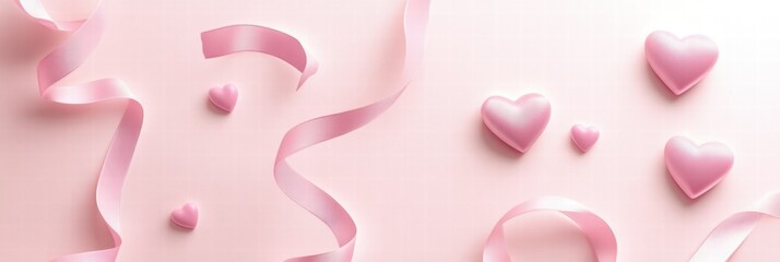 Fototapete - Decorative pink hearts and ribbons create a romantic atmosphere for celebrations or events. Generative AI