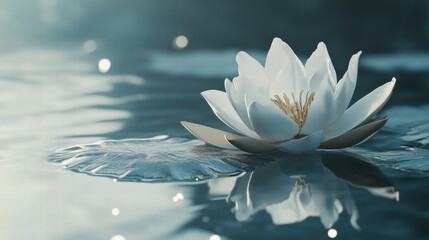 Aufkleber - Delicate white lotus flower blooming on serene water surface with soft reflections and gentle light. Generative AI