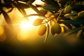 Wall Mural - Sunlit Green Olives on Tree Branch During Golden Hour : Generative AI