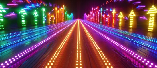 Wall Mural - vibrant neon road with glowing arrows and lights.