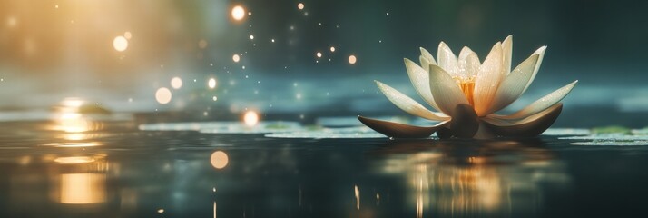 Aufkleber - Water lily blooming on a tranquil pond with soft lights and sparkling reflections during early morning. Generative AI