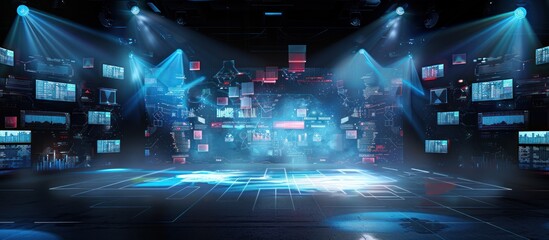 Wall Mural - futuristic data visualization in a dark room with spotlights.