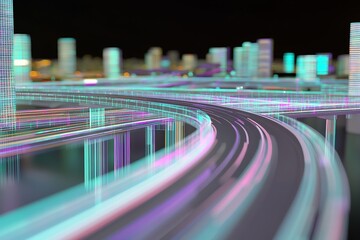 Aufkleber - Digital urban landscape with brightly lit buildings and dynamic curved roads : Generative AI