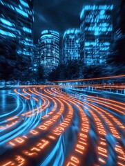 Aufkleber - Vivid Digital Highway with Binary Code Light Streams Among Skyscrapers : Generative AI