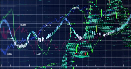 Image of financial data processing over grid on dark background