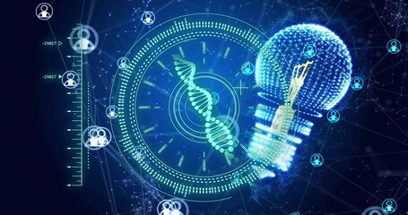 Wall Mural - dna strand and light bulb image over network of connections and user icons