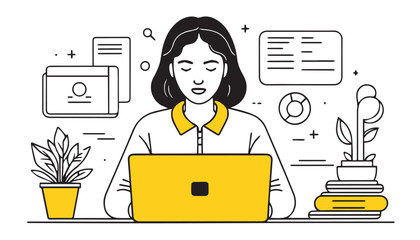 Vector illustration of a woman working on a laptop. Flat line design style.