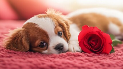 Canvas Print - Cute puppy lying on a soft surface with a red rose beside it during a bright afternoon