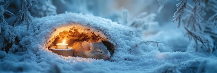 Poster - Cozy mouse resting in a snowy burrow with a glowing candle during winter nights. Generative AI