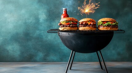 Poster - Delicious Grilled Burgers on BBQ with Sparkler Festive Food Photography