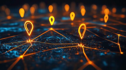 Poster - Glowing location markers connected by lines on a dark, textured surface, representing a network or map.