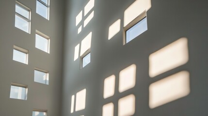 Leinwandbilder - Sunlight streams through numerous rectangular windows in a minimalist white building, casting geometric shadows on the wall.