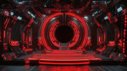 Poster - Futuristic red-lit circular portal in a dark metallic room.