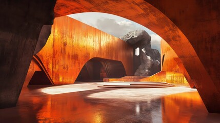 Leinwandbilder - Rust-colored futuristic architecture with arched doorways, smooth floors, and a rocky landscape.
