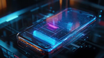 Aufkleber - Futuristic smartphone with neon glowing interface on a tech background.