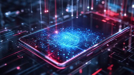 Poster - Futuristic smartphone with glowing digital circuits and data streams.