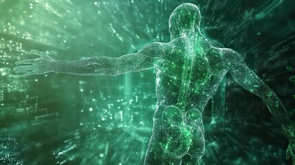 Aufkleber - Abstract digital human anatomy, glowing green, back view, arms outstretched.