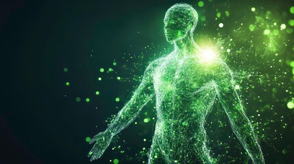 Poster - Glowing green human body energy, particles, concept.