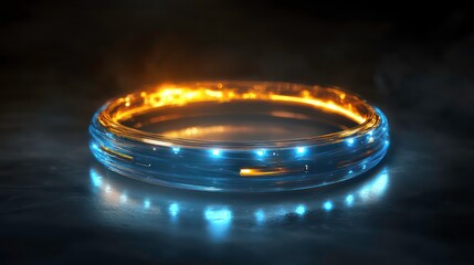Poster - Glowing futuristic ring with blue and orange lights on dark background.