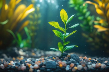 Sticker - Vibrant green aquatic plant sprout in gravel. Perfect for nature, growth, and aquarium themes.