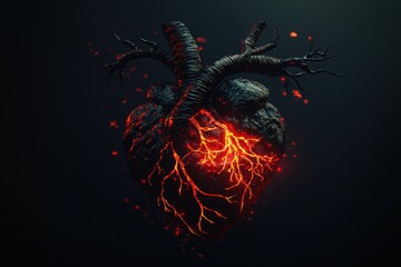 Poster - Artistic representation of a heart with fiery elements and twisted branches in a dark setting. Generative AI