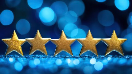Poster - Five gold stars on blue bokeh background, signifying top rating, excellence, quality, and success.