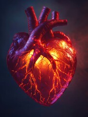 Poster - Heart with glowing veins illustrating vitality and life force in a dark atmosphere. Generative AI