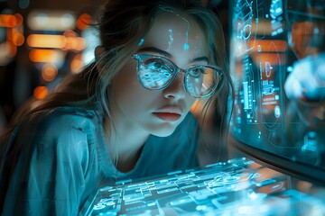 Young Asian woman in glasses working at night with futuristic digital interface, cyberpunk style lighting in blue and orange creates dramatic tech atmosphere perfect for IT security concepts.
