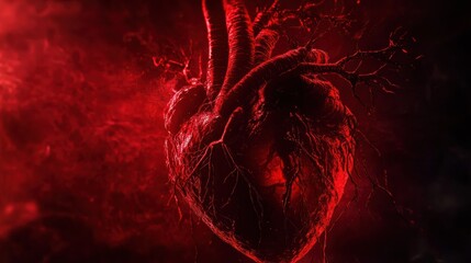 Fototapete - Digital art depicting a realistic human heart surrounded by dark red environment and eerie atmosphere. Generative AI