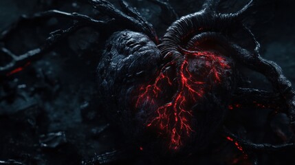 Aufkleber - Heart shaped dark object pulsating with fiery veins amidst shadowy surroundings. Generative AI