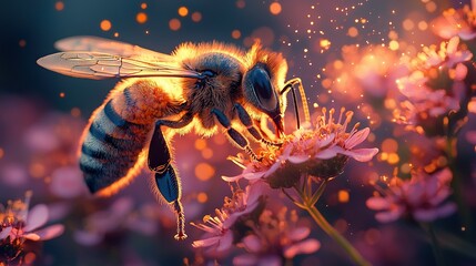 Wall Mural -   A close-up image of a bee on a flower against a blurry backdrop of pink flowers
