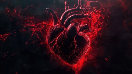 Fototapete - Red heart with veins glowing against a dark background representing love and passion in bold design. Generative AI