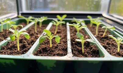 Wall Mural - Seedlings growing indoors, sunlit window background, spring gardening