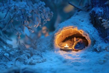 Aufkleber - Mouse resting in a cozy burrow adorned with a flickering candle in a snowy forest setting during twilight. Generative AI