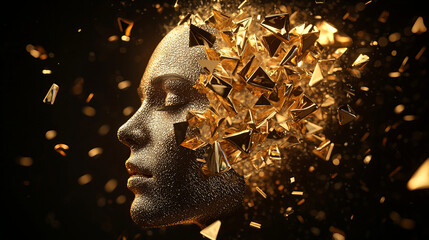 Wall Mural - Intricate golden shards explode from a textured black face, creating a surreal and dynamic art piece full of energy and contrast