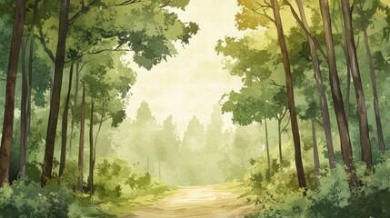 Leinwandbilder - Winding forest trail leads through tall trees and lush greenery on a tranquil day. Generative AI