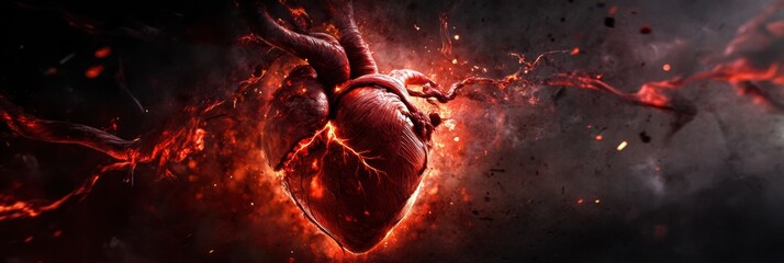 Fototapete - Heart illustration with fiery elements in a dark background creating a dramatic effect. Generative AI